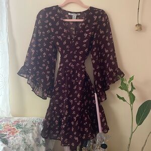 American Rag tie back sheer burgundy floral bell sleeve dress